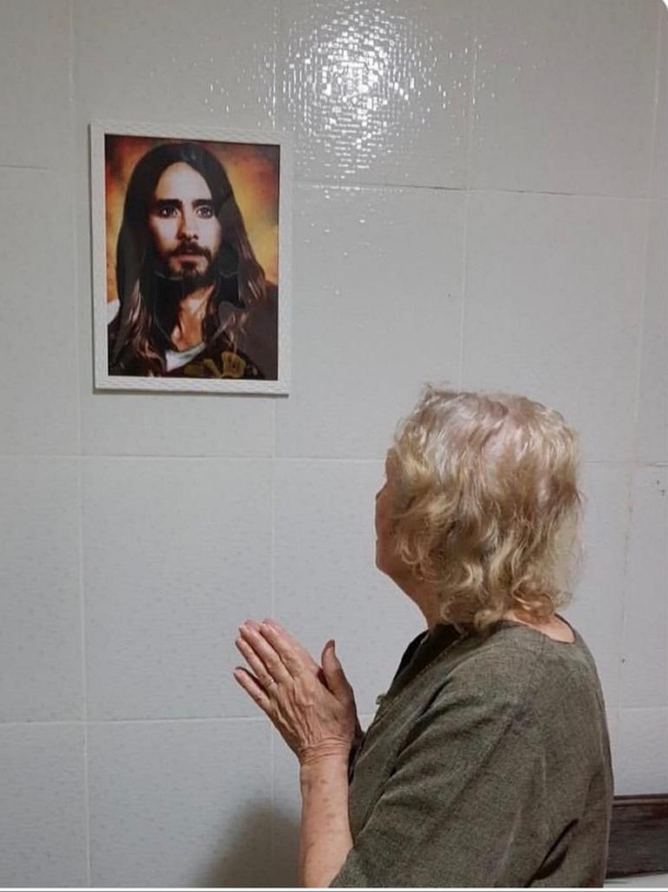 Grandma praying to picture of Jared Leto