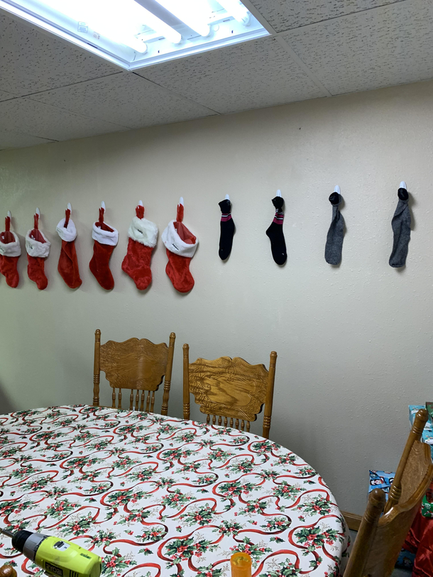 Grandpa couldnt find all the stockings so he just used socks