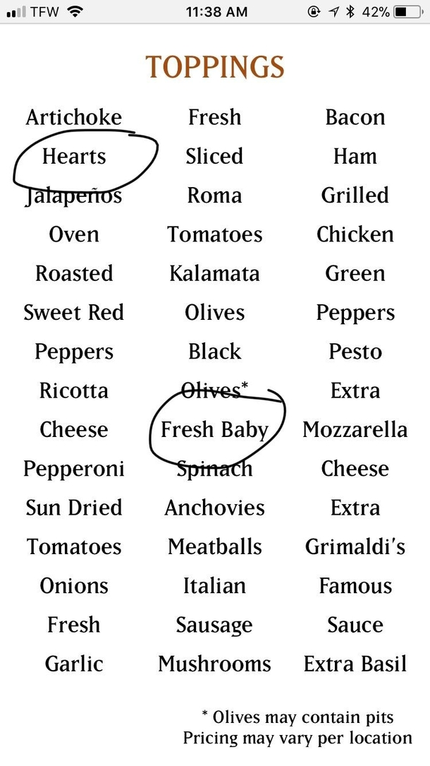 Grimaldis menu layout on mobile makes it look like these are single toppings