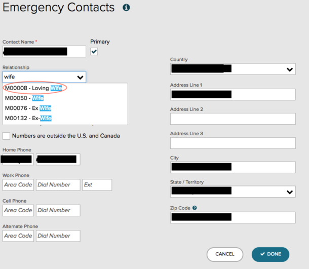 Had to submit Emergency Contact Info on ADP Didnt know they cared about the love in my marriage