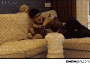Helpful toddler brings Dad water