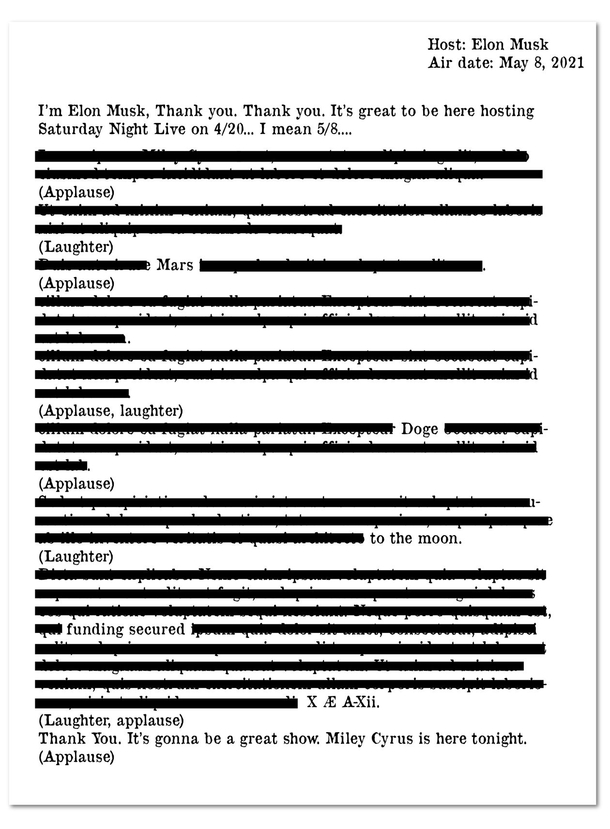 Heres Elon Musks SNL opening monologue as redacted by the SEC - Credit to MarketWatch