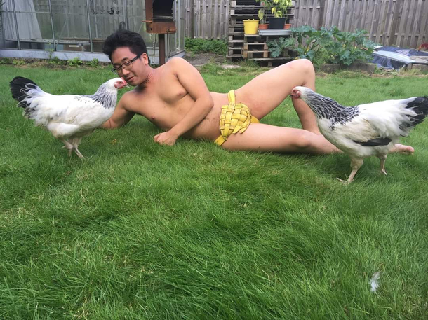 Hot Asian in bananakini surrounded by chicks