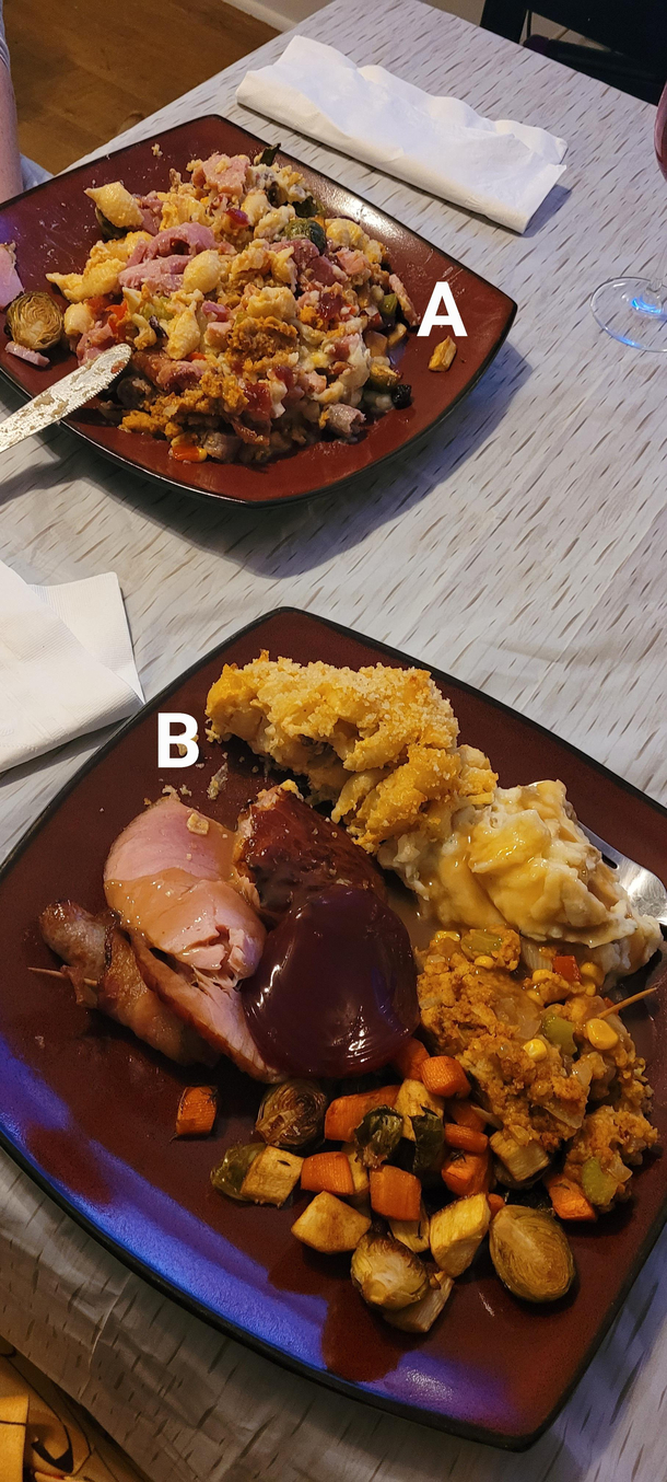 How my wife A and I B eat our Thanksgiving dinner whose side is Reddit on