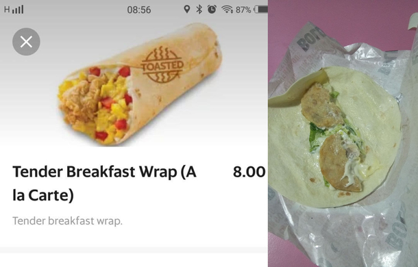 How to Lose Your Appetite  courtesy of Texas Chicken My expected breakfast was this sad lump of a wrap Ad pic versus reality pic  bucks for this 