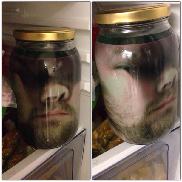How to scare your wife on Halloween Print your face on Paper Put the Paper in a Jar Fill Jar with Green Water