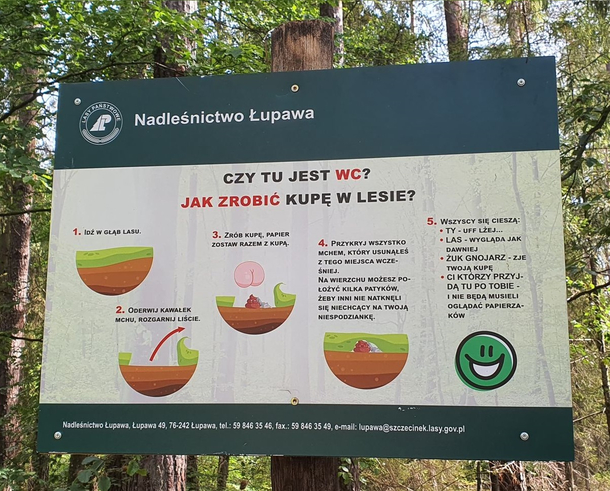 How to Take Poop in the Woods - an informative board for tourists placed in a forest in Poland Everyone will be happy - you the forest the dung beetle and everybody who follows you