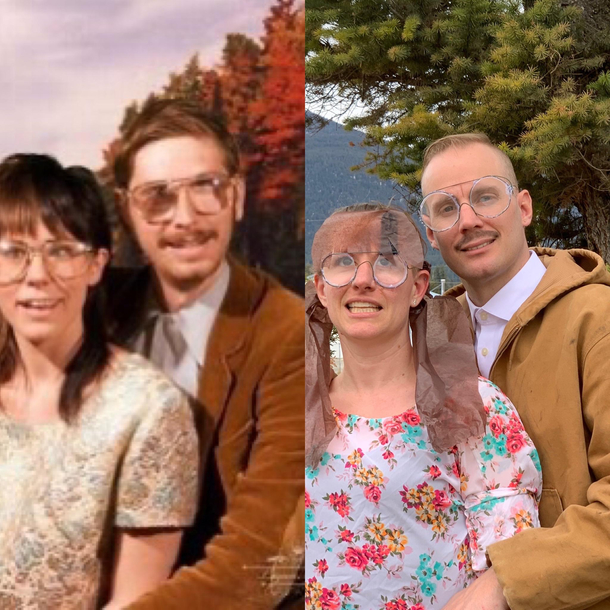 Hubby and I are having a blast recreating photos We are having a contest with our good friends Its going to be hard to top this one