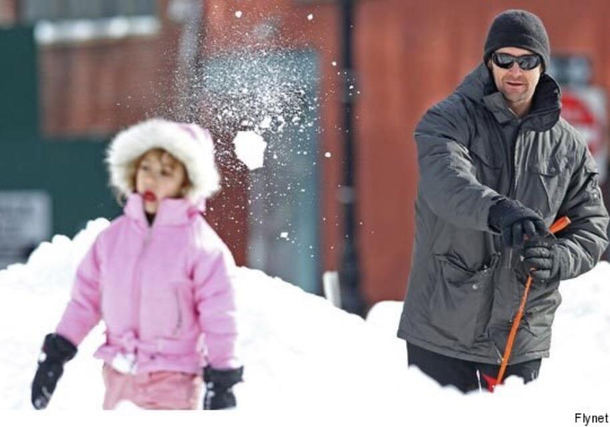 Hugh Jackman chucks snowball at daughter