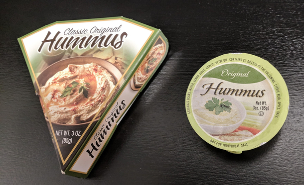 Hummus from holiday gift basket looked very shareable until the wedge box was opened and the little round dipping cup was found inside