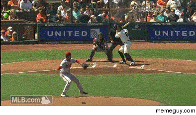 Hunter Pence throws bat at ball and gets a hit