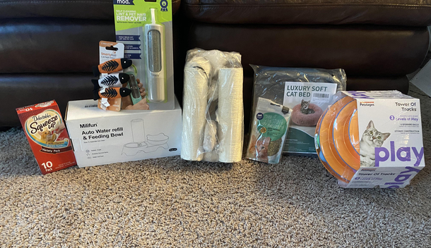 Husband and I dont own a cat but have mentioned were thinking of getting one This is our Christmas haul Now we need to get a cat