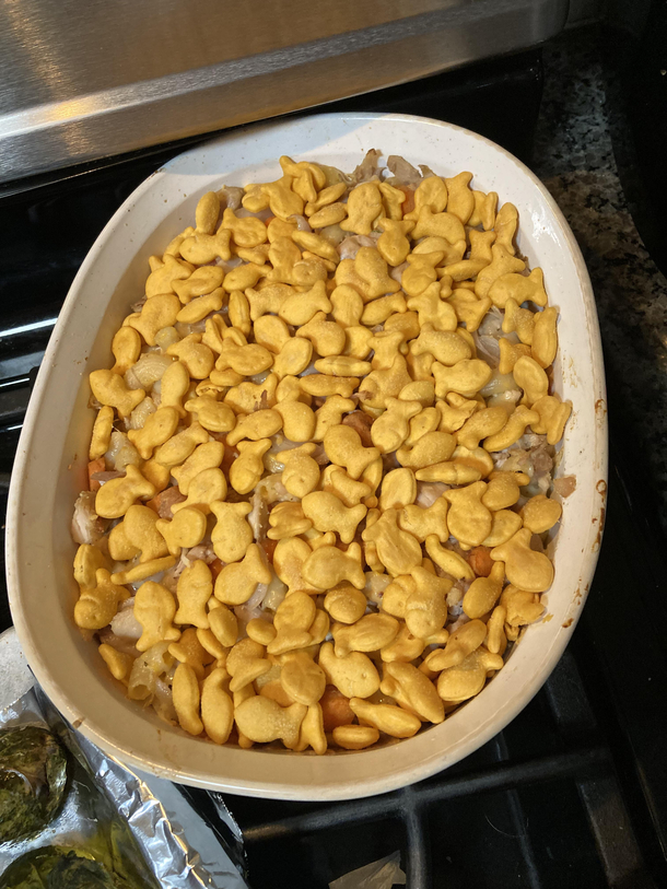 Husbands turn to cookI pop in the kitchen for a momenthe says we are out of breadcrumbs No problem I say you can use crackers as a substitute