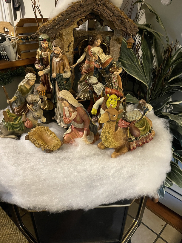 I always sneak Shrek into our nativity