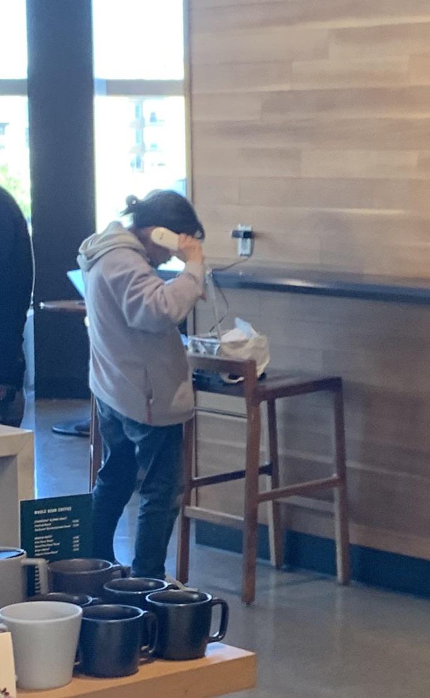 I am at Target right now and theres a lady here who has plugged a housephone into a phone jack at the in-store Starbucks Shes making plans with a friend