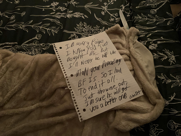 I bought a weighted blanket yesterday Apparently my boyfriend was going to get me one for Christmas Oops Now he has beef with this one I just came home to find this He even put a knife in its hand lol