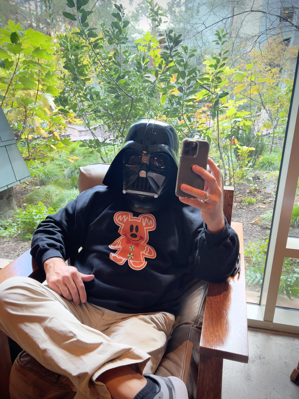 I bought my husband a Darth Vader helmet at Disneyland and he refused to wait until we got home to put it on
