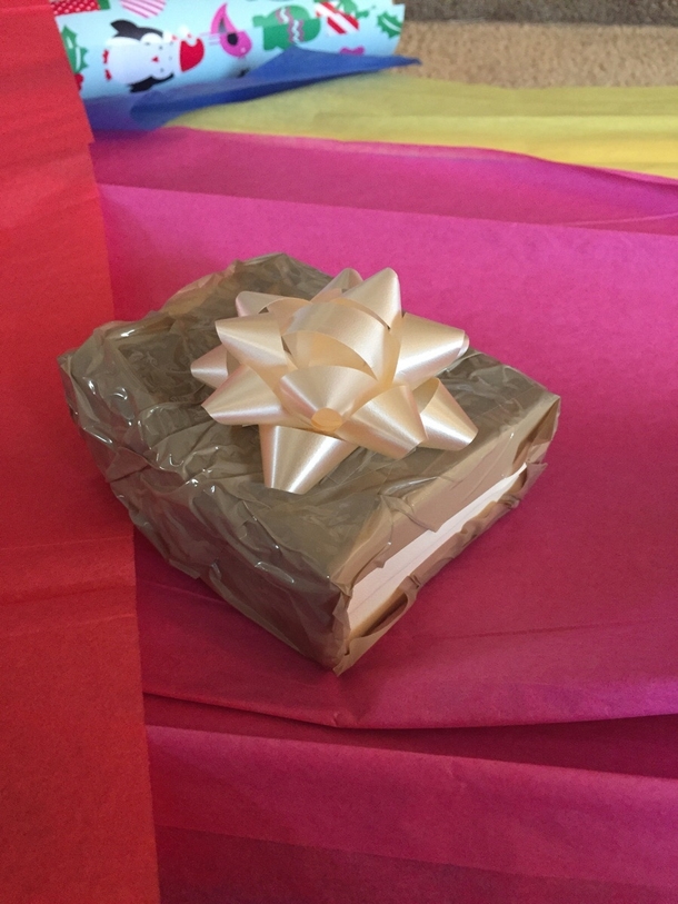 I bought my wife a necklace for Christmas The guy asked me if I would like it gift wrapped I told him yes and asked him to make it look as horrible as possible He pulled out a roll of tape and said as you wish sir