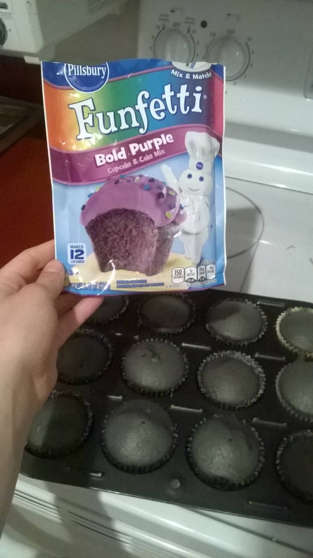 I bought purple cupcake mix I got brilliant gray cupcakes