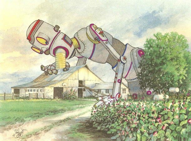 I buy thrift store paintings and add my own painting to them Here is a Robot with a design flaw recharging itself on corn oil