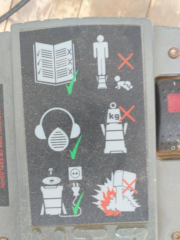 I can only assume the top warning diagram on this industrial sander is do not climb upon the sander if startled by a baby