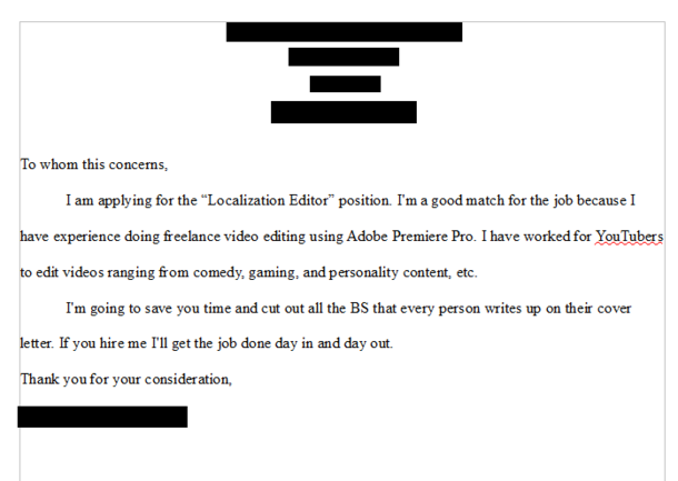 I Cut out the BS in my Cover Letter for a job application today