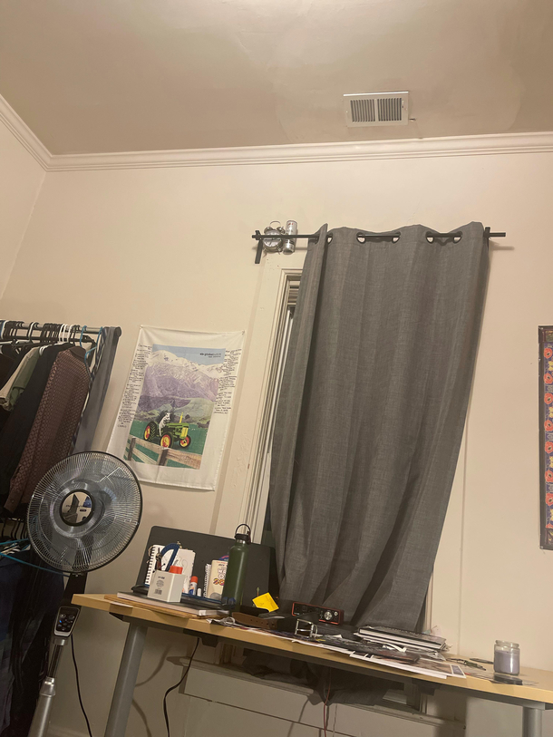 I devised a master plan to keep me up in the morning My fate first thing tomorrow is to angrily get up find a chair and retrieve my retro alarm and caffeine from atop my curtain rod Genius Never gonna be late for work again Gnight reddit