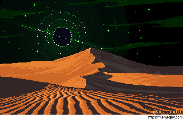 I drew this pixel art scene and called it Sahara Blackhole Rise 