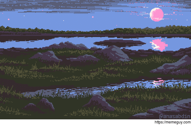 I drew this pixel art scene using  colors and called it Red Moon Rise 