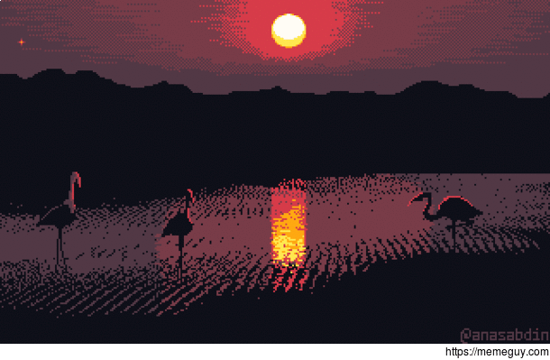 I drew this pixel art scene using  colors and called it Three Flamingos 