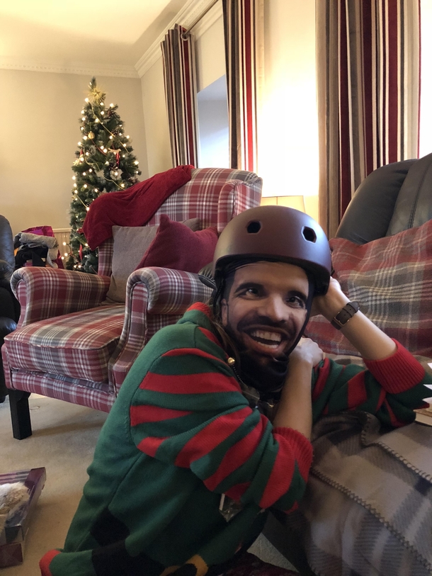 I got my gf a new bike helmet my brother-in-law got her a Drake face-print balaclava and now she looks like a custom video game character
