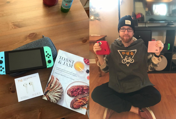 I got my girl a switch headphones and a book on toasts She got me a shirt that says I lose weight in Japanese Merry Xmas everyone