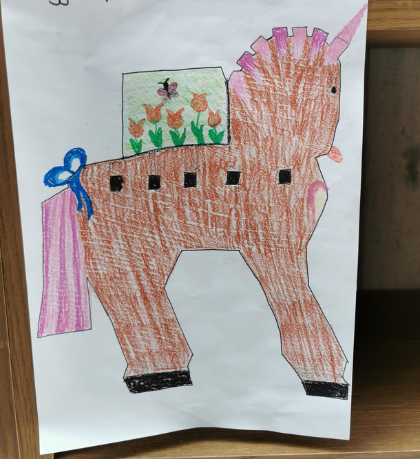 I have been to the Troy Museum in CanakkaleTurkey today one kid decided to make a unicorn out of the Troyan horse in her painting