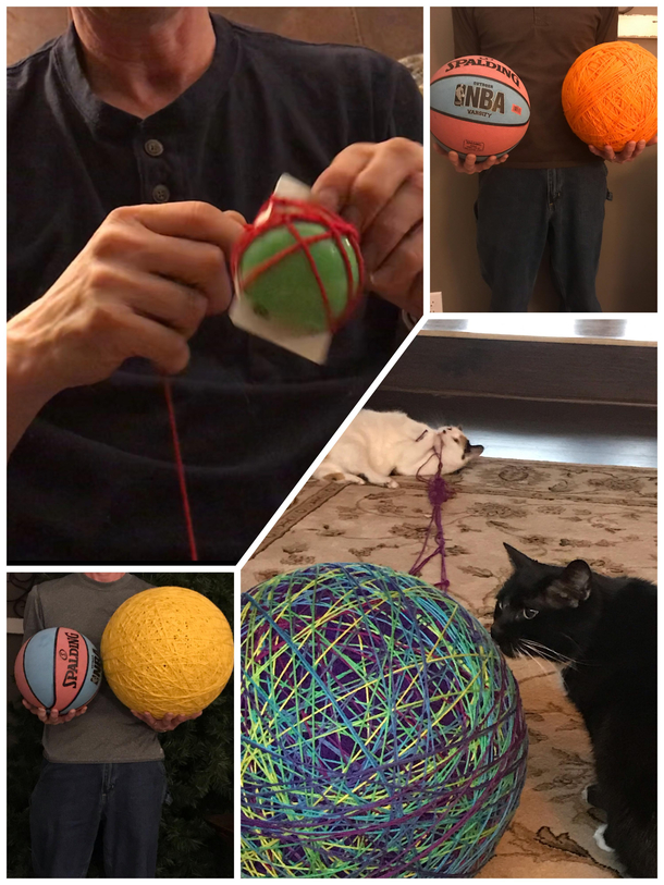 I have been wrapping a gift card in yarn for a Christmas gift  days left to make my goal size of a yoga ball Making good progress and as soon as I take a bathroom break I come back to chaos and mayhem