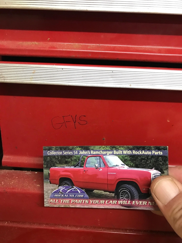 I inherited a toolbox from my dad after he died I used to tease him about his awful hillbilly magnets he had on it After all these years I finally pulled this one off and found a message from him under it it stands for Go Fuck Yourself Good one pop