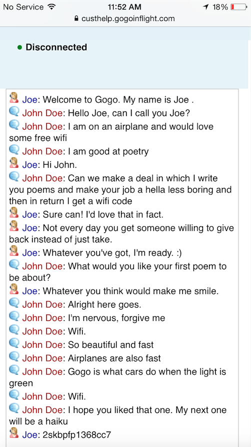 I just got free wifi on my flight by writing the chat agent poems