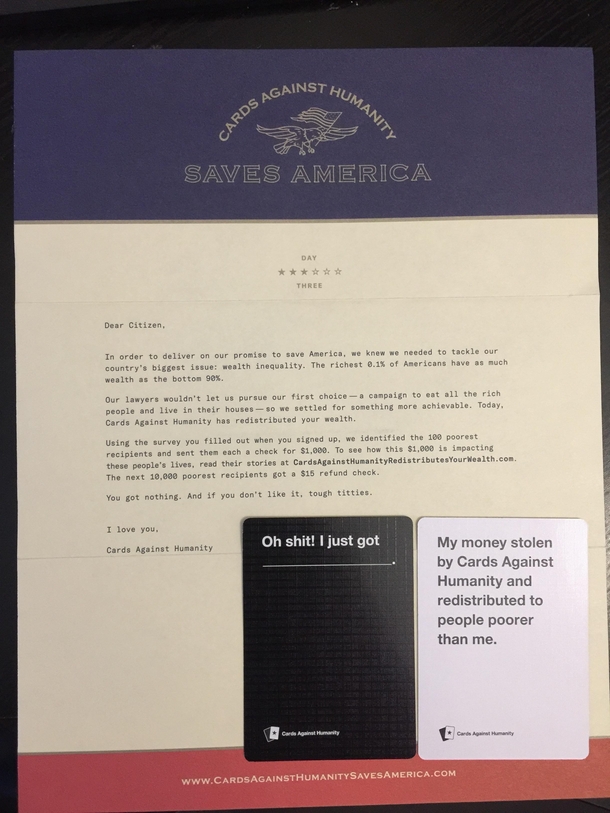 I just got my Cards Against Humanity day three gift I had a good chuckle and thought you all might enjoy the thoughtful letter