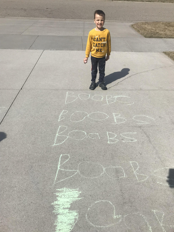I let my son outside for  minutes with sidewalk chalk I dont know if I am mad or proud