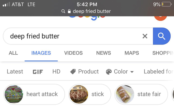 I looked up deep fried butter and a related search was heart attack