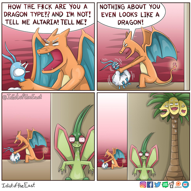 I love how the fire-breathing-winged-lizard isnt a dragon type while the -headed-coconut-tree is