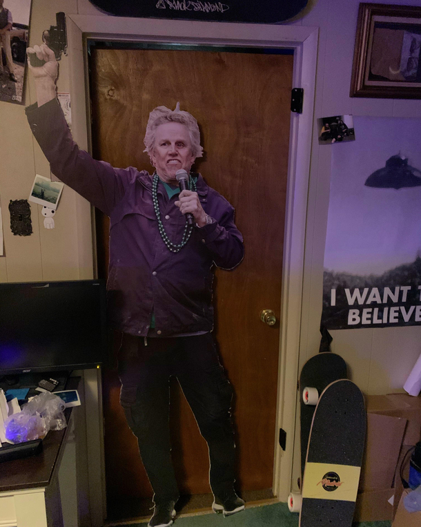I made a life sized Gary Busey cutout for a white elephant exchange but it was cancelled Now I have a life sized Gary Busey cutout