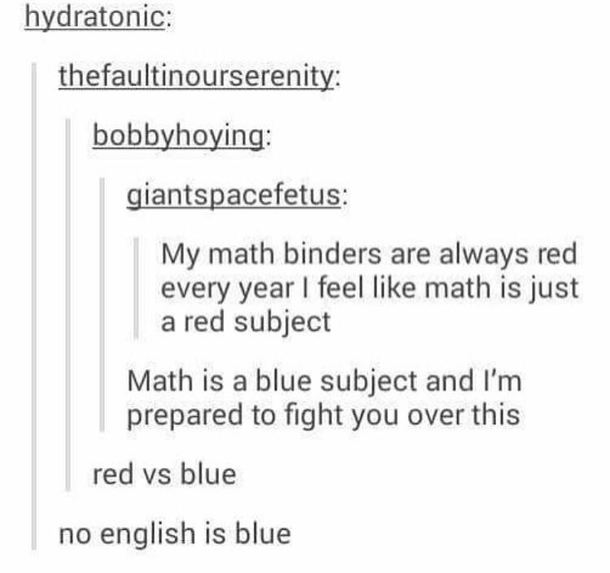 I personally believe Math is red and English Purple