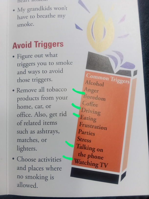I picked up a quit smoking pamphlet At the end it tells you to avoid triggers heres their list of triggers Please avoid eating