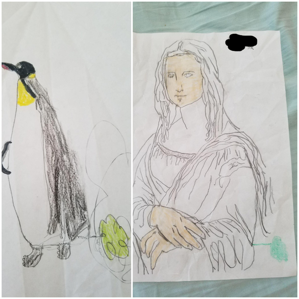I picked up my  year old sons school things today and found these two gems from art class