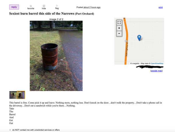 I posted a free burn barrel on Craigslist