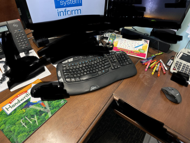 I pranked my boss today about his terrible handwriting I replaced all his pens with crayons and his paper with handwriting tablets for learning your ABCs