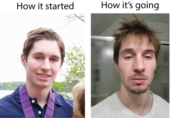 I realized I looked pretty rough going to bed last night and decided to make this meme Me after graduating from college and me after  years of a biophysics PhD and a night of far too much drinking