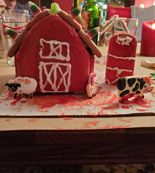 I really struggled with the icing for my gingerbread barn and it accidentally became a gingerbread slaughterhouse