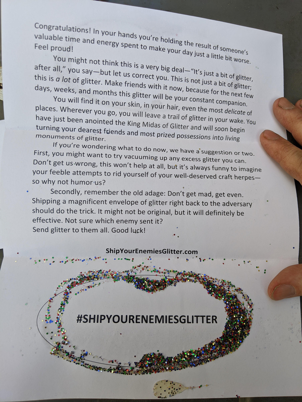 I received my first letter glitter bomb The envelope was full of it