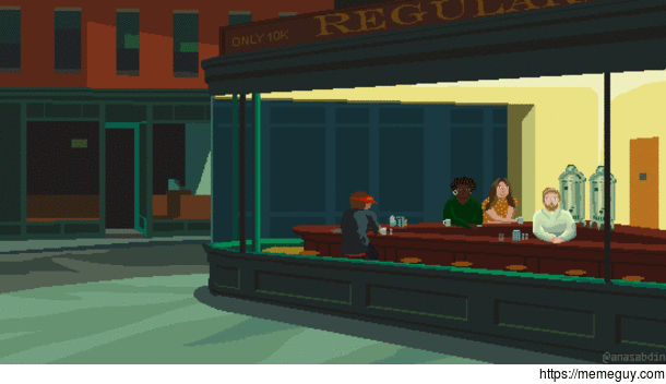 I recreated Edward Hoppers Nighthawks as pixel art with regular people and called it NightRegulars 